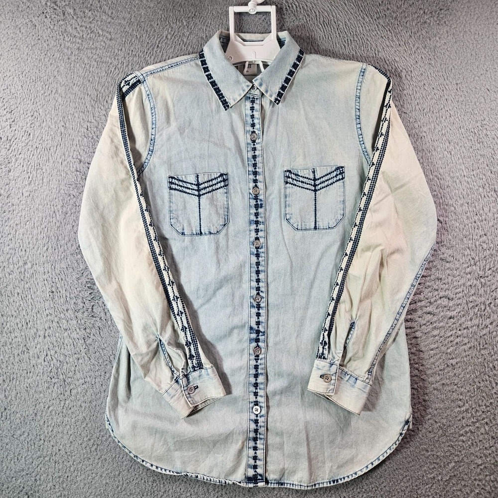 Cabi Denim Shirt Top Women XS Embroidered Button Up Long Sleeve Boho Acid‎